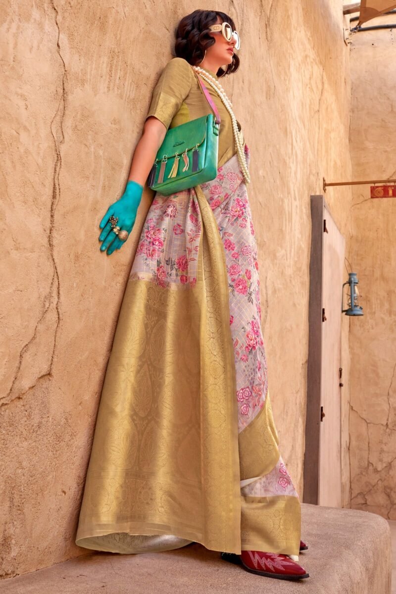 Grey and Gold Zari Woven Printed Georgette Saree - Image 3