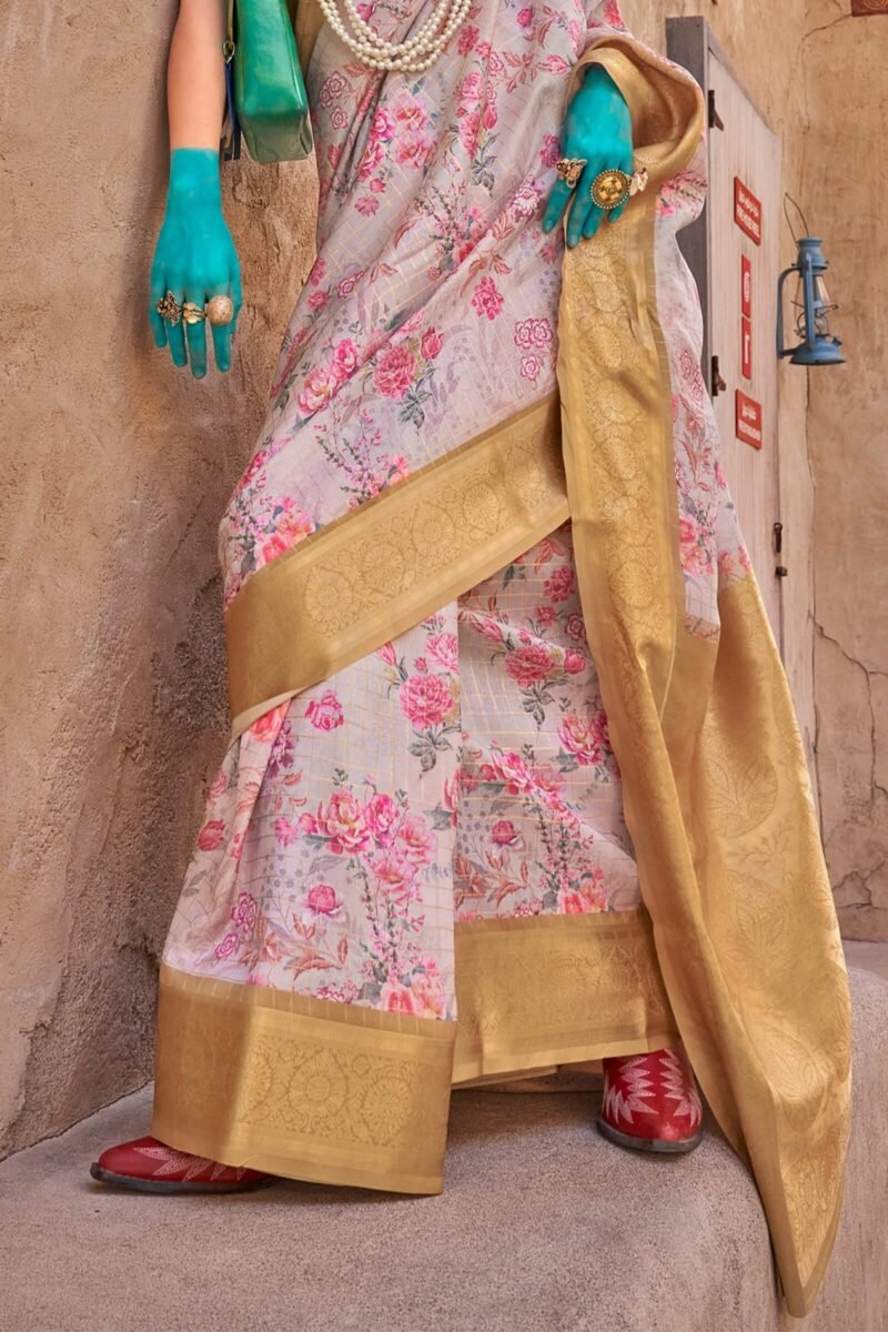 Grey and Gold Zari Woven Printed Georgette Saree - Image 2