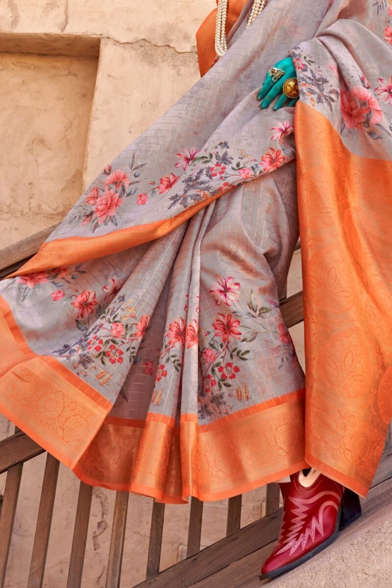 Grey and Orange Zari Woven Printed Georgette Saree - Image 2