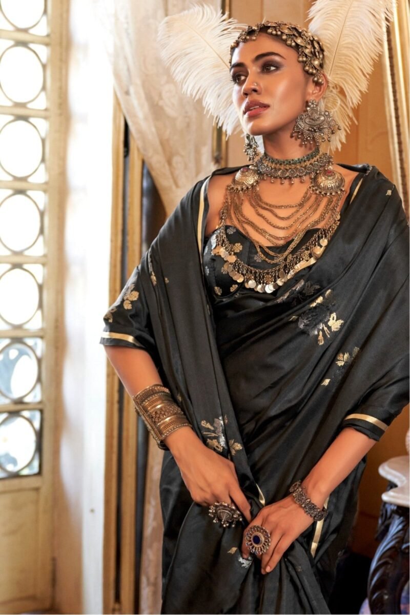 Jet Black Banarasi Satin Silk Saree - Image 2