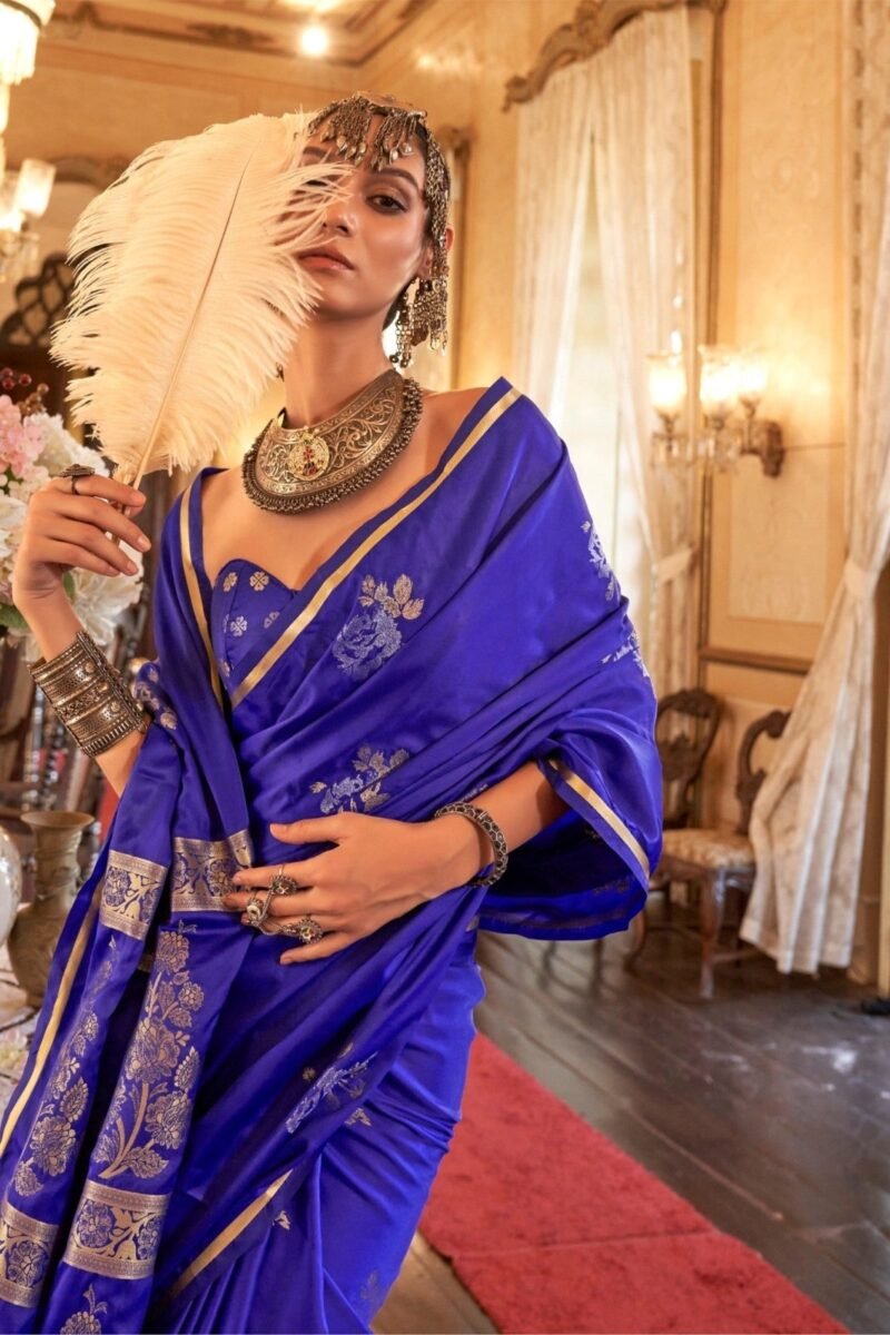 Royal Blue Banarasi Satin Silk Saree - Image 3