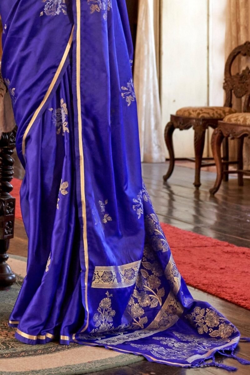 Royal Blue Banarasi Satin Silk Saree - Image 2