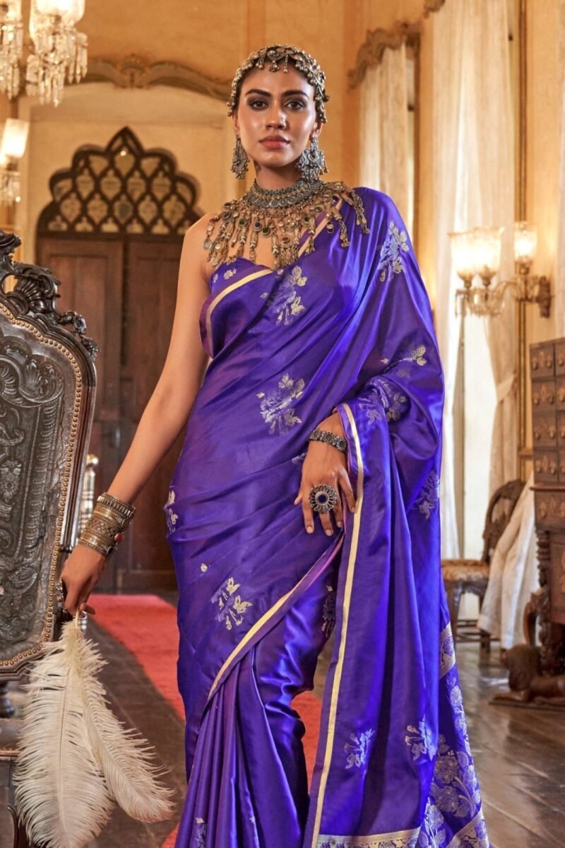 Royal Purple Banarasi Satin Silk Saree - Image 4