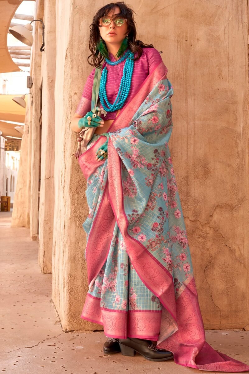 Sky and Pink Zari Woven Printed Georgette Saree - Image 2