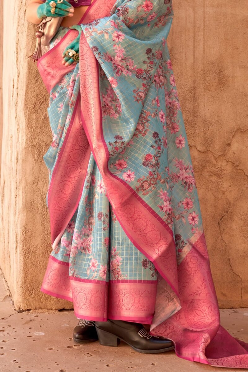 Sky and Pink Zari Woven Printed Georgette Saree - Image 4